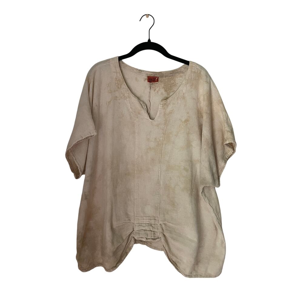 Oh My Gauze! Tie Dye Tunic Top Cream/Brown Oversized Boxy Beachy Lagenlook L/XL